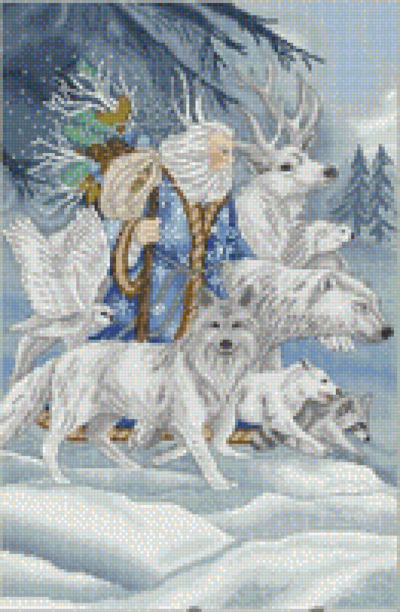 Дед Мороз в лесу - пейзаж, олени, лес, картина, зима, дед мороз - предпросмотр