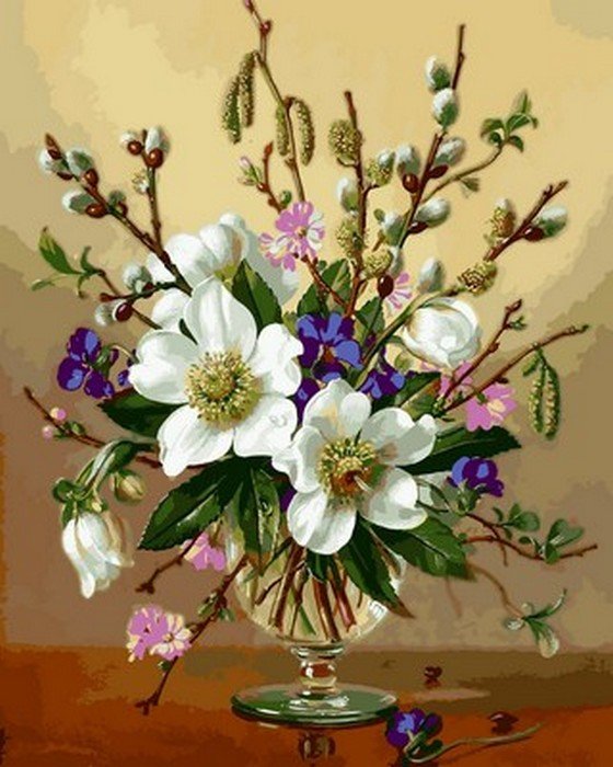 букет - верба, цветы, ваза, ветка - оригинал