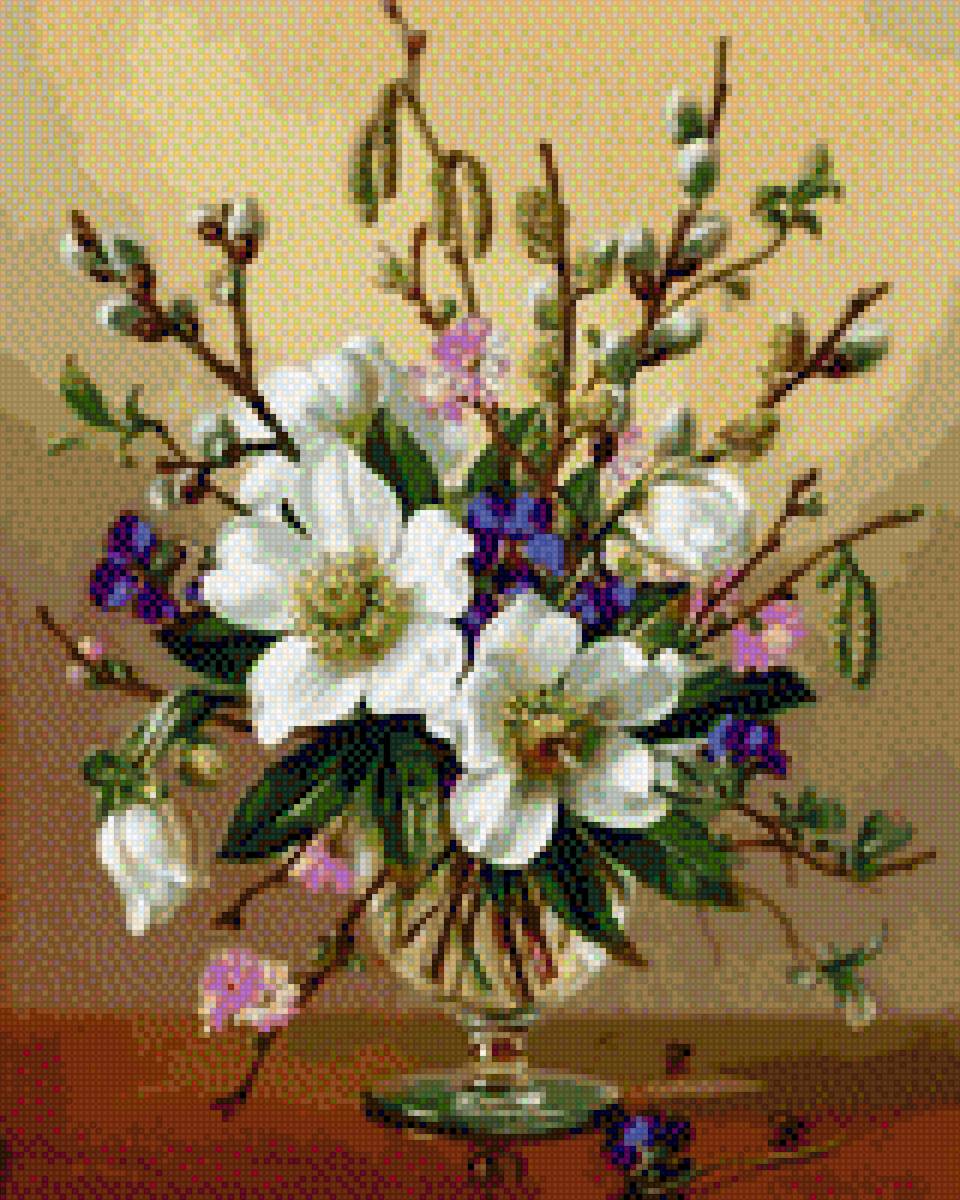 букет - ветка, верба, ваза, цветы - предпросмотр