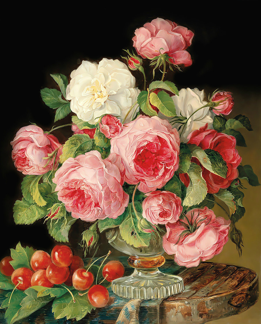 Натюрморт с розами и вишней. - ягоды, розы, натюрморт, букет, живопись, вишня - оригинал