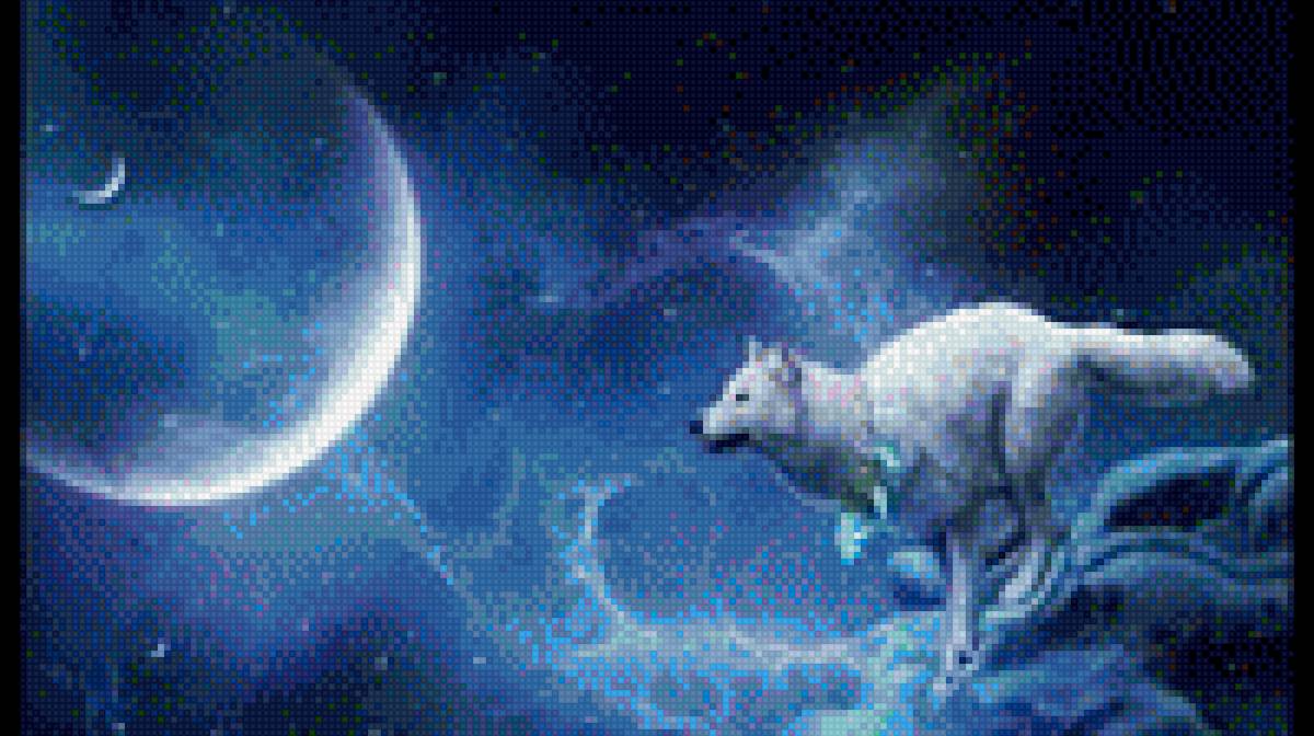 Луна и белая волчица - луна, космос, картина, фото, небо, планеты, волчица - предпросмотр