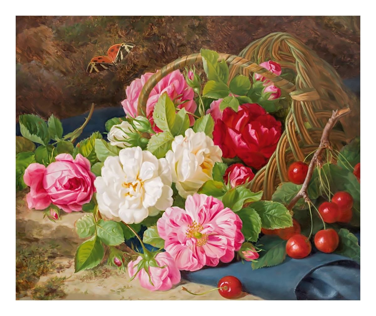 Цветочный натюрморт. - корзина, розы, живопись, ягоды, цветы - оригинал