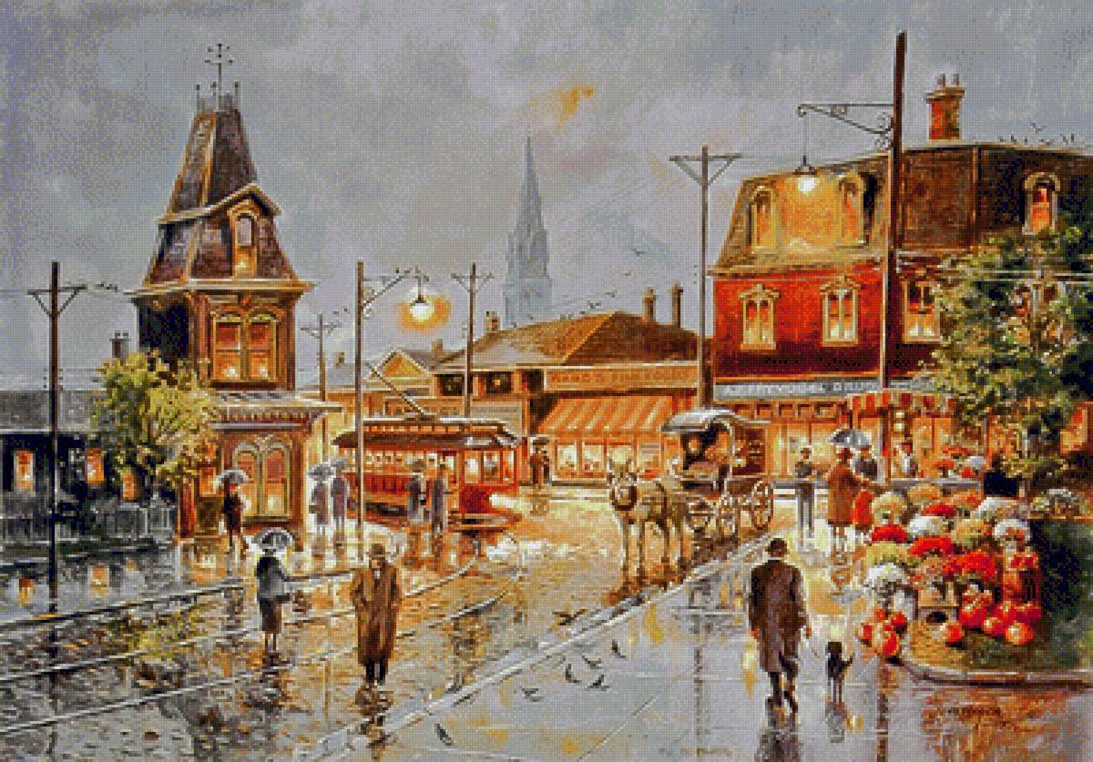Rainy Night-City Street. - jess hager paintings.scenarys.people.animals. - предпросмотр