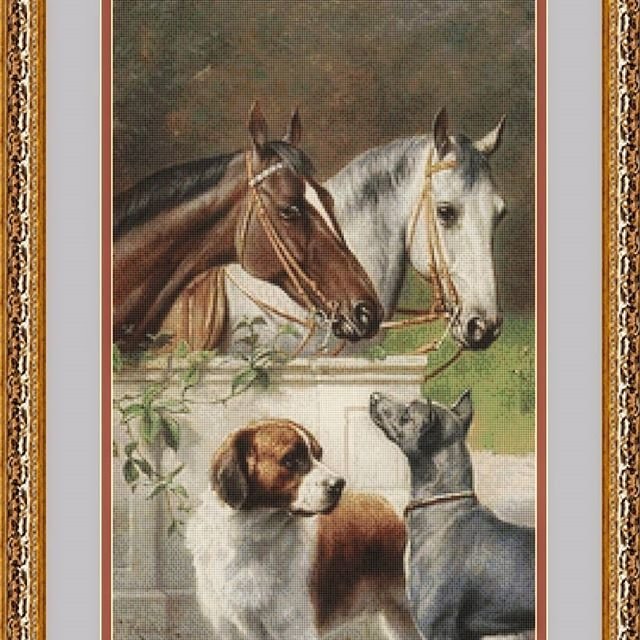 Кони и собаки - собаки, животные, лошади, кони, картина - оригинал