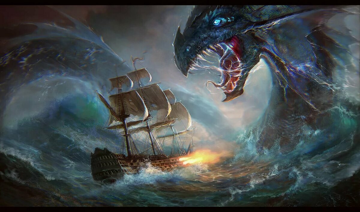 Морское чудовище - дракон, море, битва, корабль, фэнтези, ночь - оригинал