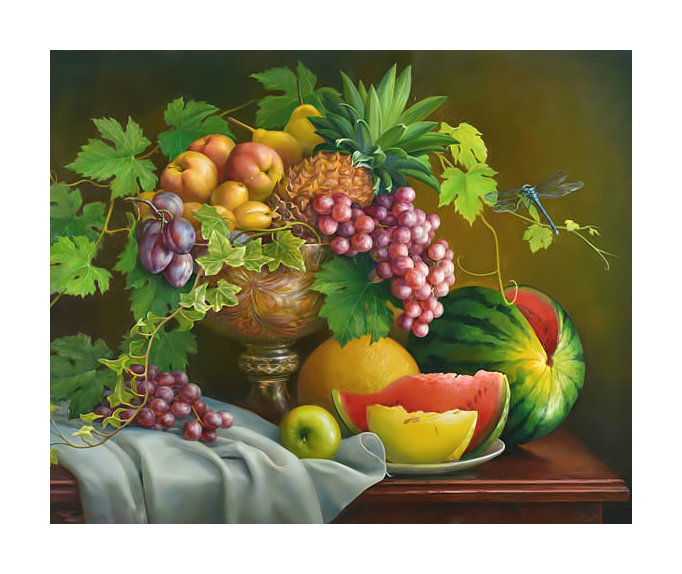 Натюрморт. - виноград, ягоды, натюрморт, живопись, фрукты, стрекоза - оригинал