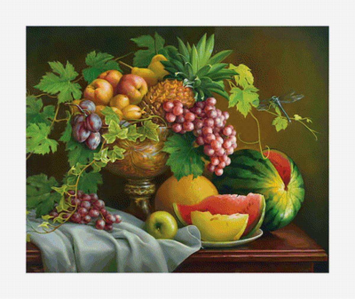 Натюрморт. - натюрморт, ягоды, виноград, фрукты, стрекоза, живопись - предпросмотр