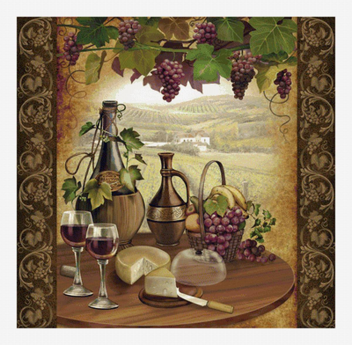 Натюрморт с виноградом. - натюрморт, фрукты, пейзаж, сыр, бокал, живопись, виноград - предпросмотр