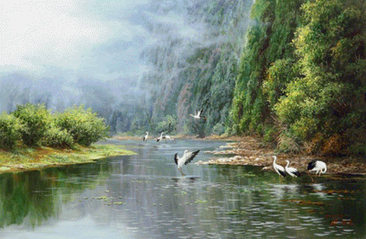 №2050929 - летний пейзаж, природа, аисты на берегу реки - предпросмотр