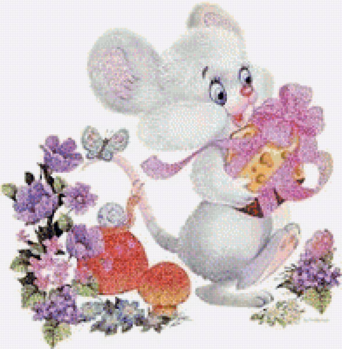 белая мышка с букетом цветов - букет, мышка, поздравления, цветы - предпросмотр