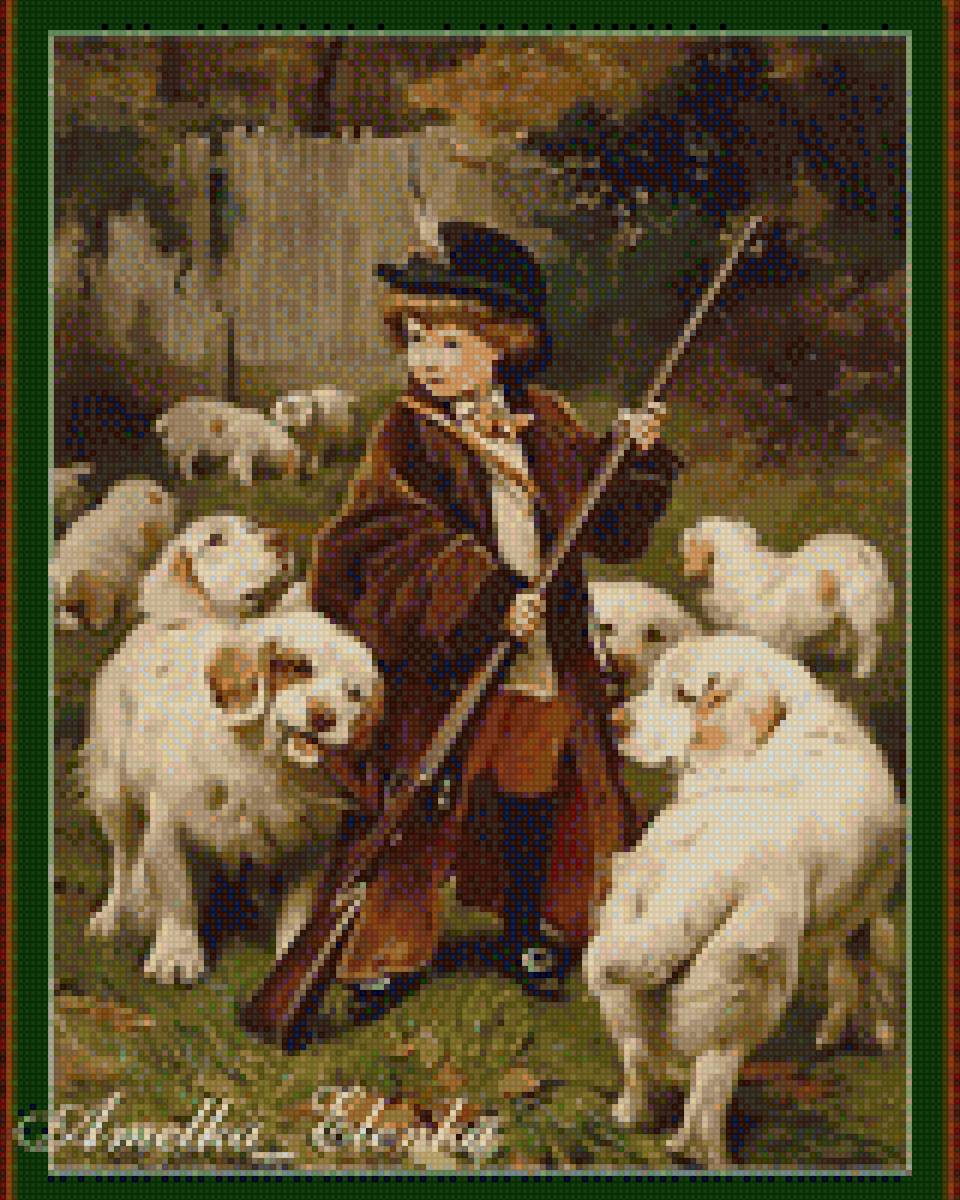 Маленький охотник и собаки - малыш, собаки, охотник, картина - предпросмотр