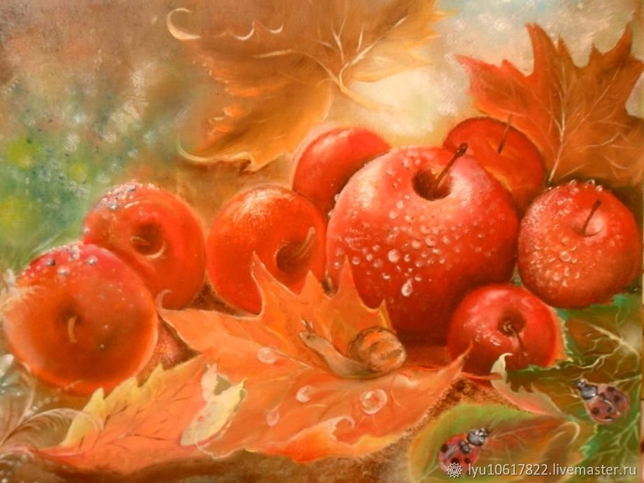 Яблоки на листьях - яблоки, картина, осень, фрукты, листья - оригинал
