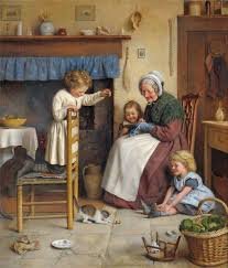Бабушка играет на кухне с детьми - бабушка, кухня. игра, дети, котята - оригинал