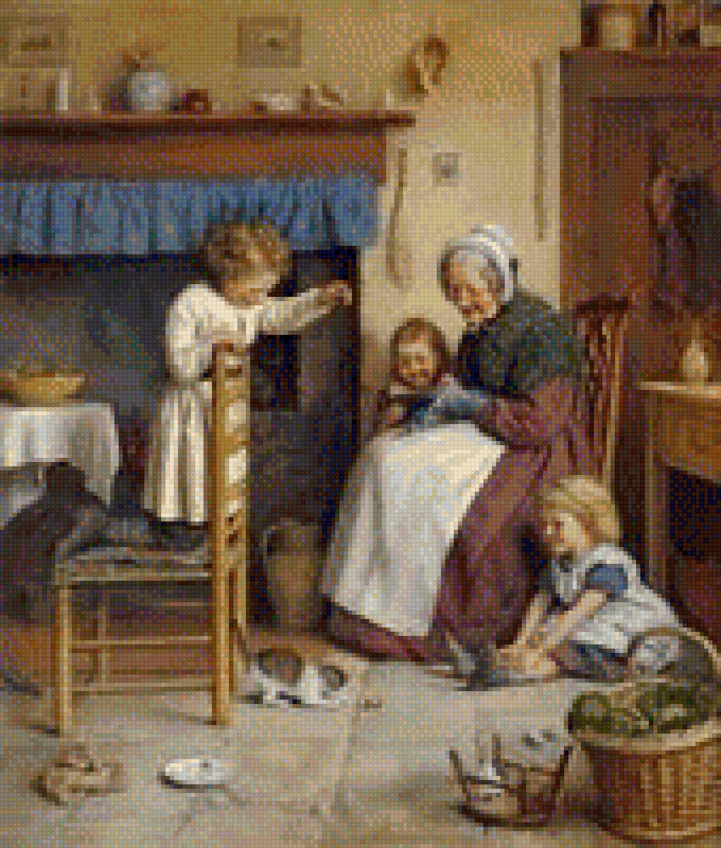 Бабушка играет на кухне с детьми - котята, бабушка, кухня. игра, дети - предпросмотр
