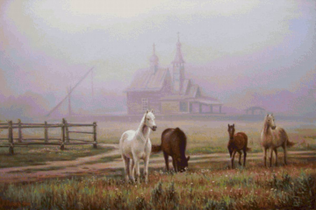 Утро туманное - туман, лето, изгородь, лошади, деревня - предпросмотр