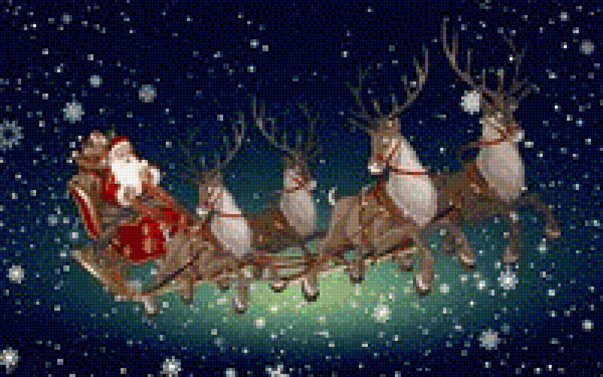 Дед Мороз на оленях - дед мороз, картина, зима, олени, сани - предпросмотр