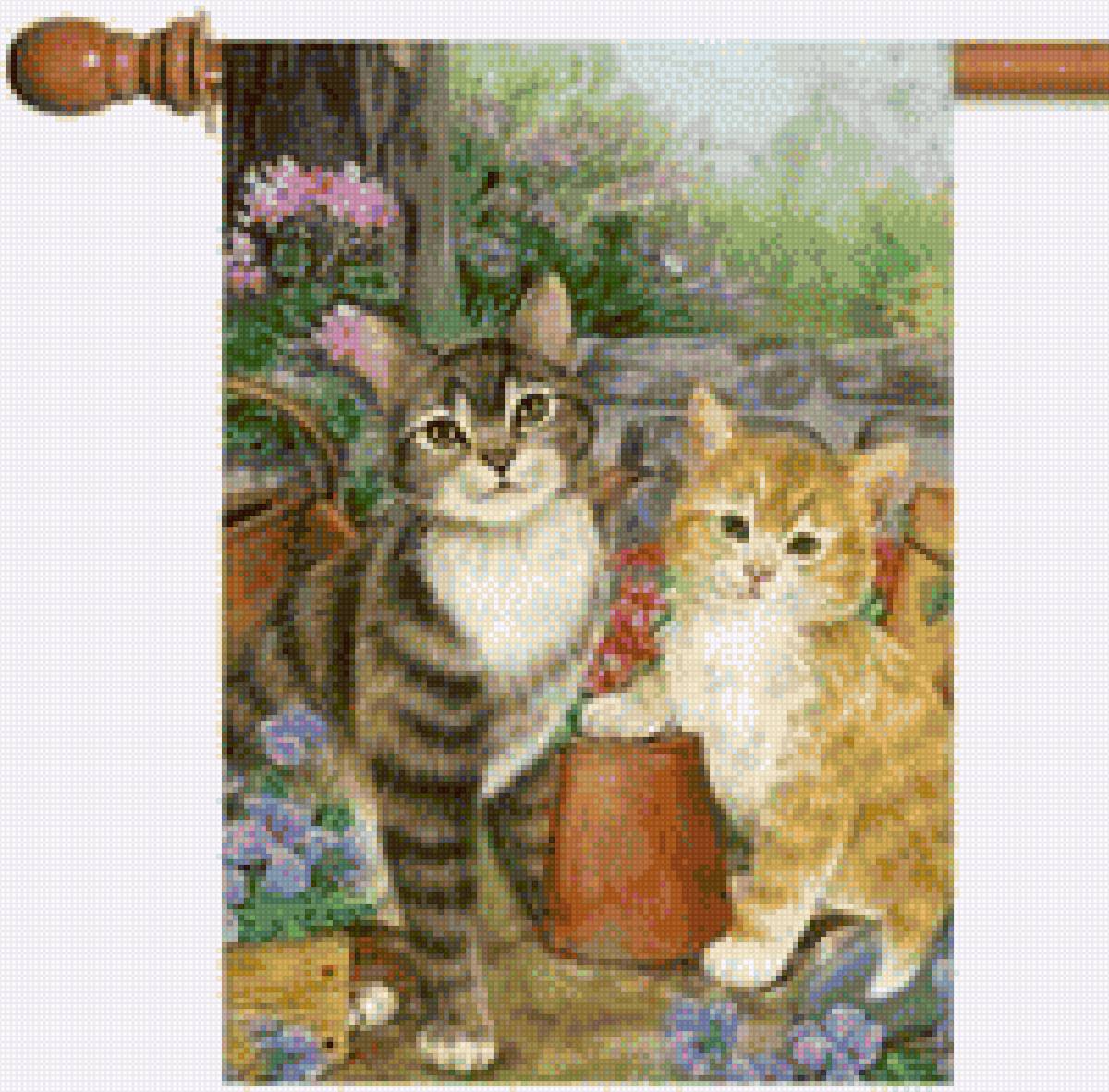 Котята и сад - панно, сад, домашние любимцы, котята - предпросмотр