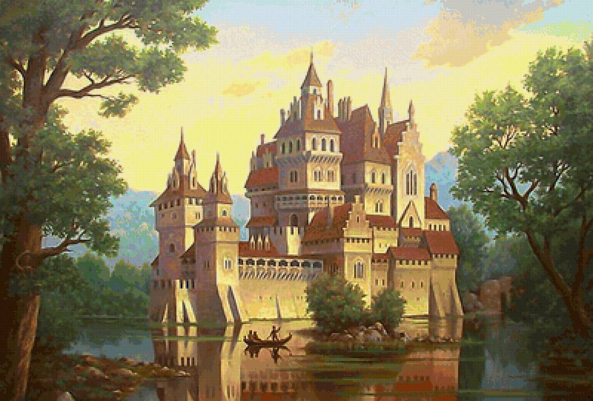 замок - замок, лодка, озеро, деревья - предпросмотр