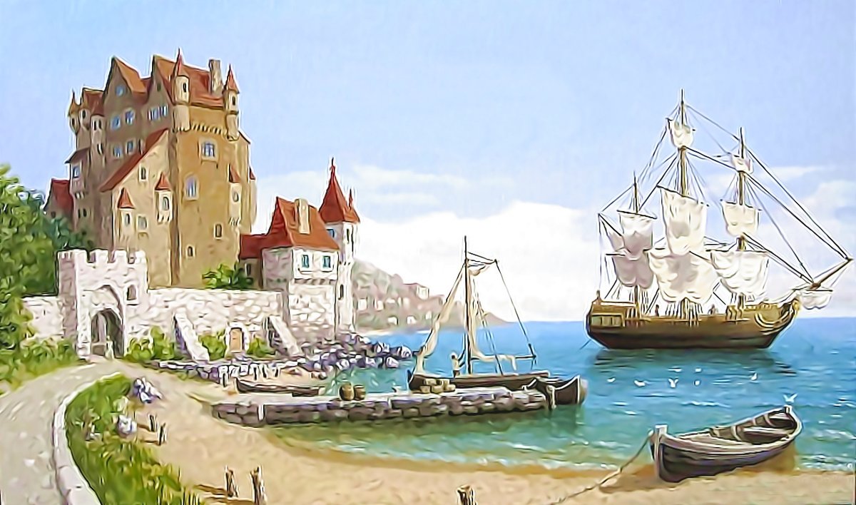 №2058147 - замок, море, парусник, корабль - оригинал