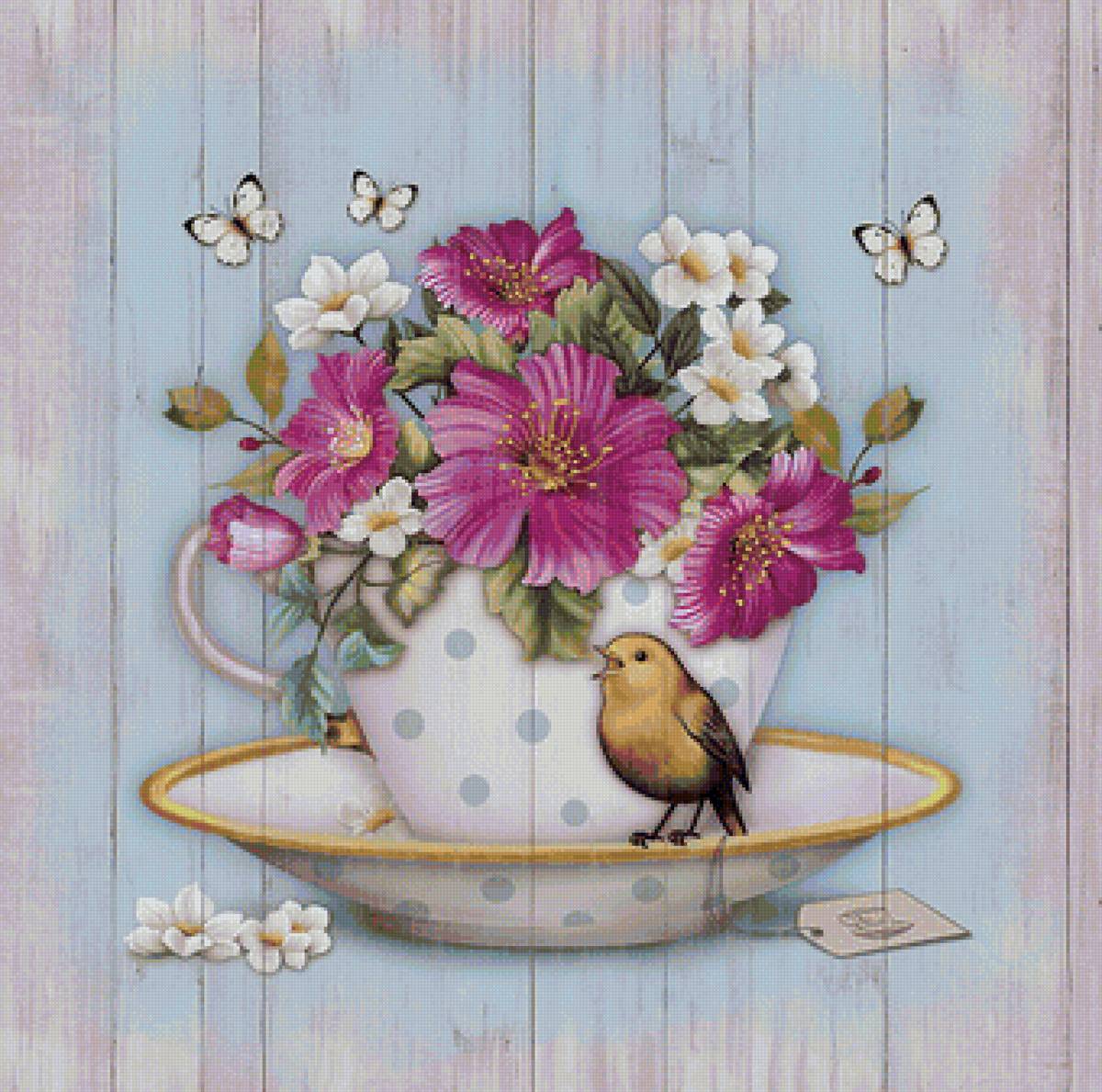 Цветы в чашке - цветы, птичка - предпросмотр