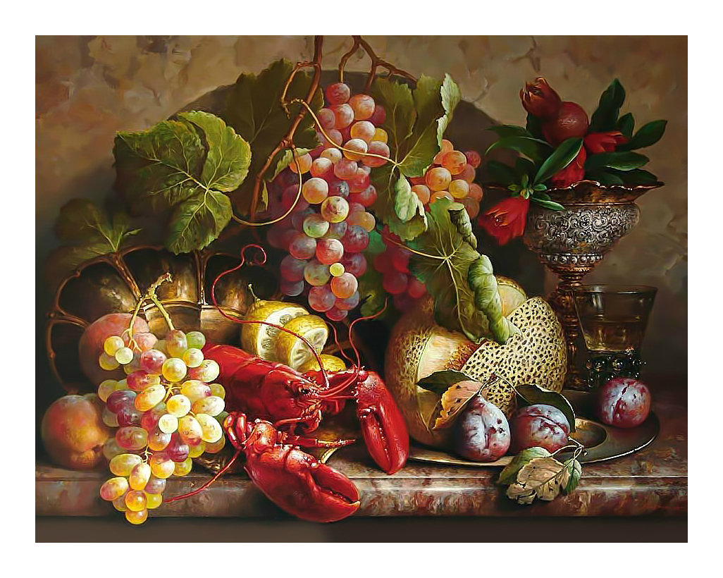 Натюрморт. - живопись, натюрморт, виноград, фрукты, рак, ягоды - оригинал