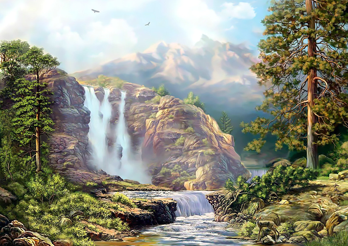 Горный водопад. - горы, лес, водопад, живопись, природа, пейзаж - оригинал