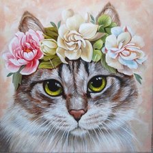 кошка в венке из цветов