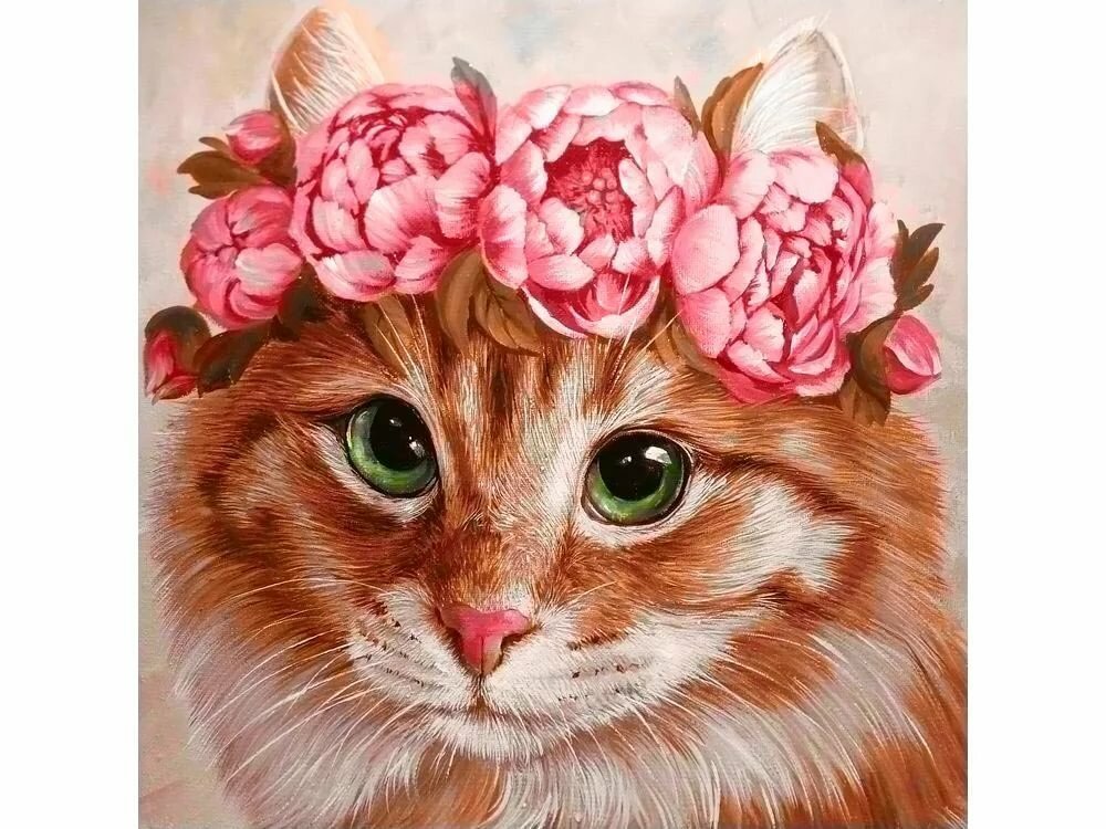 Рыжая кошка в венке из пионов - кошка, пионы, цветы - оригинал