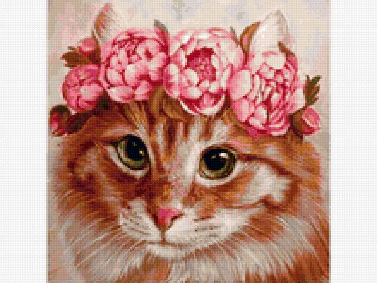 Рыжая кошка в венке из пионов - кошка, цветы, пионы - предпросмотр