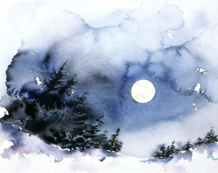 Лунная ночь - ночь, снег, акварель, луна - оригинал