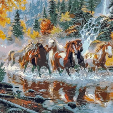 Horses Running in the River.