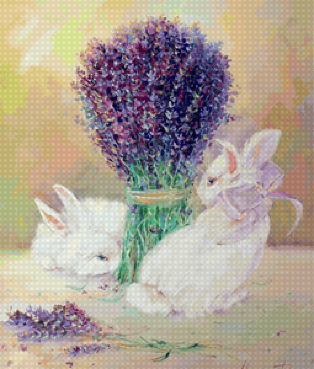 кролики - лаванда, кролики, цветы, букет, ваза - предпросмотр