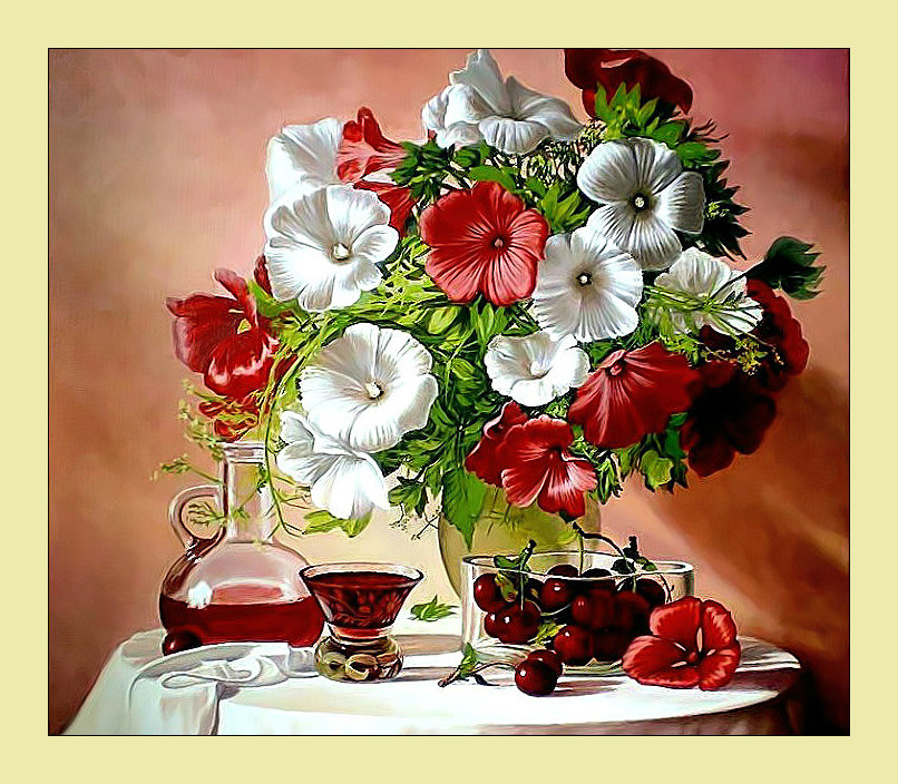 Цветочный натюрморт. - вишня, цветы, букет, ягоды, живопись, натюрморт - оригинал