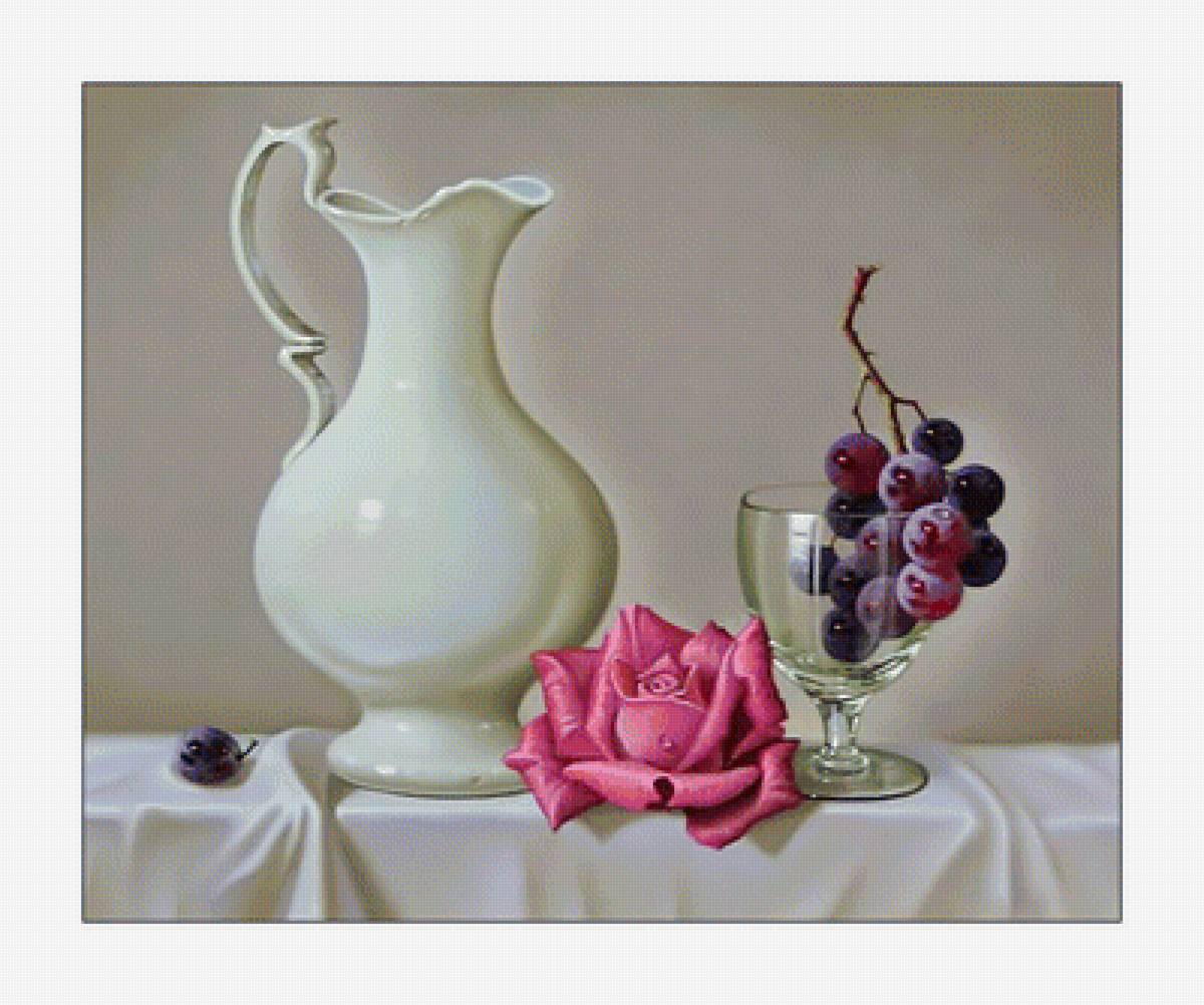 Натюрморт с розой. - виноград, живопись, кувшин, натюрморт, роза, цветок - предпросмотр