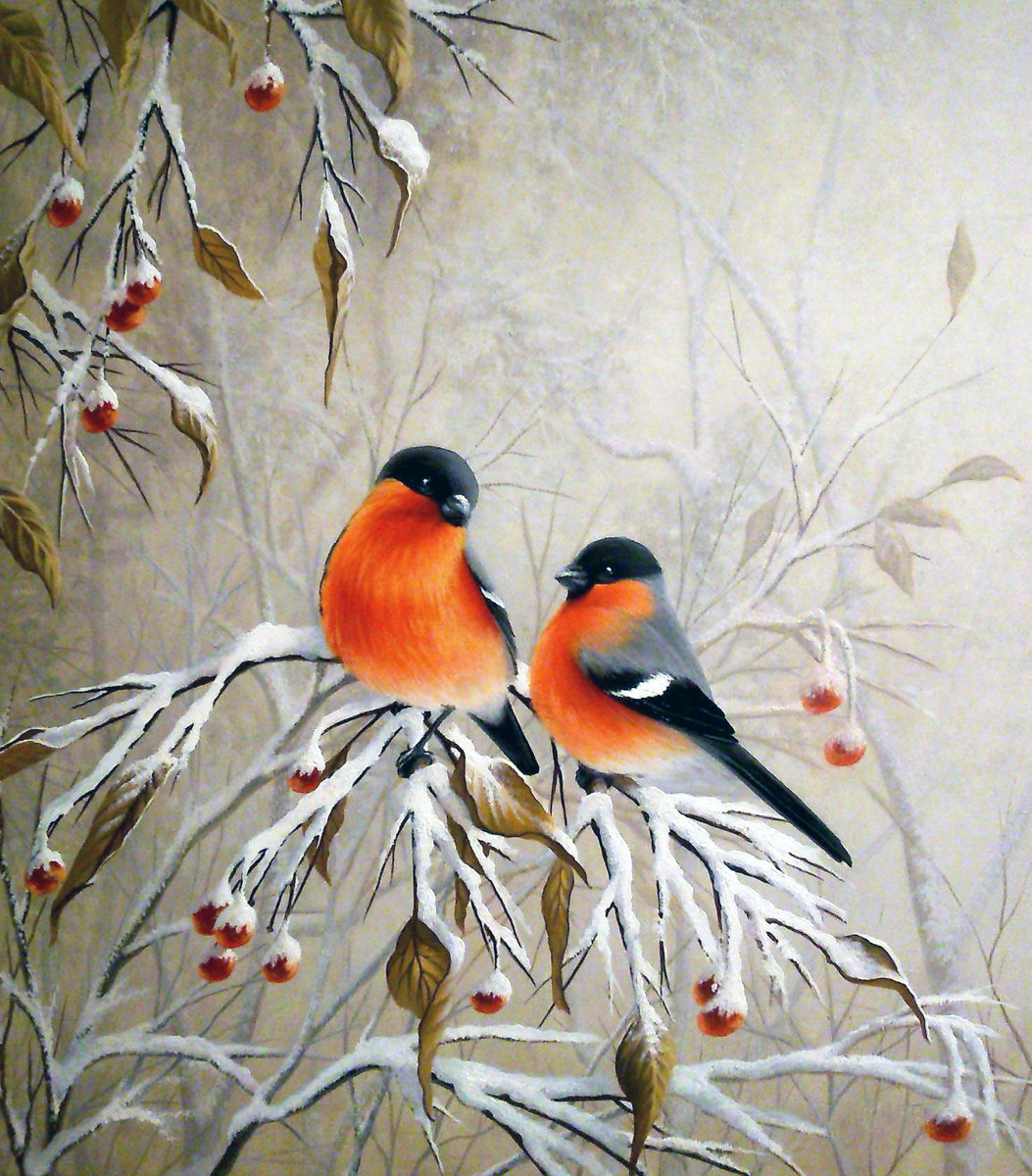 Красногрудые птички - ягоды, птички, снегири, зима - оригинал