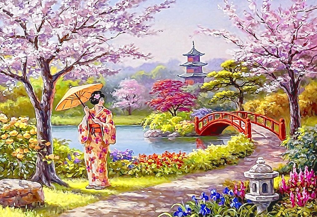 №2071460 - зонтик, девушка, река, мост, сад, деревья - оригинал