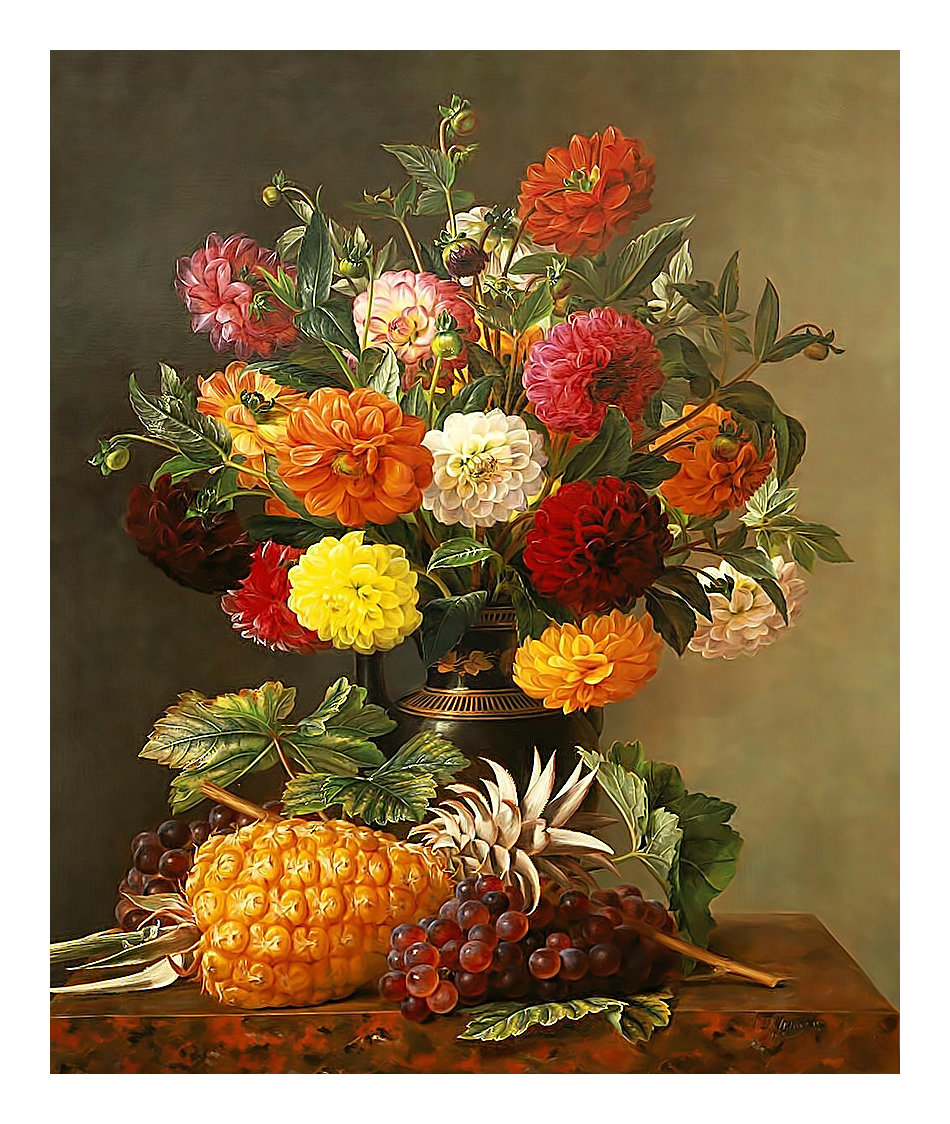 Цветочный натюрморт. - натюрморт, фрукты, живопись, виноград, ананас, цветы, букет - оригинал