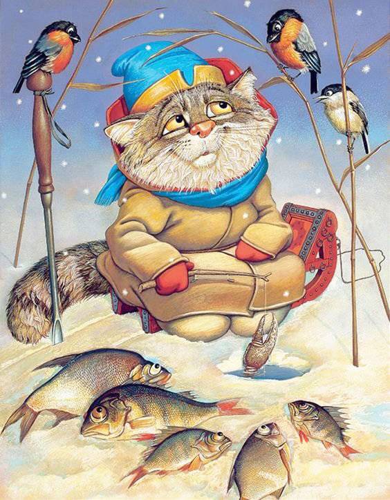 Добрый рыбачок - кот, птицы, рыбалка, рыба, детская тема - оригинал