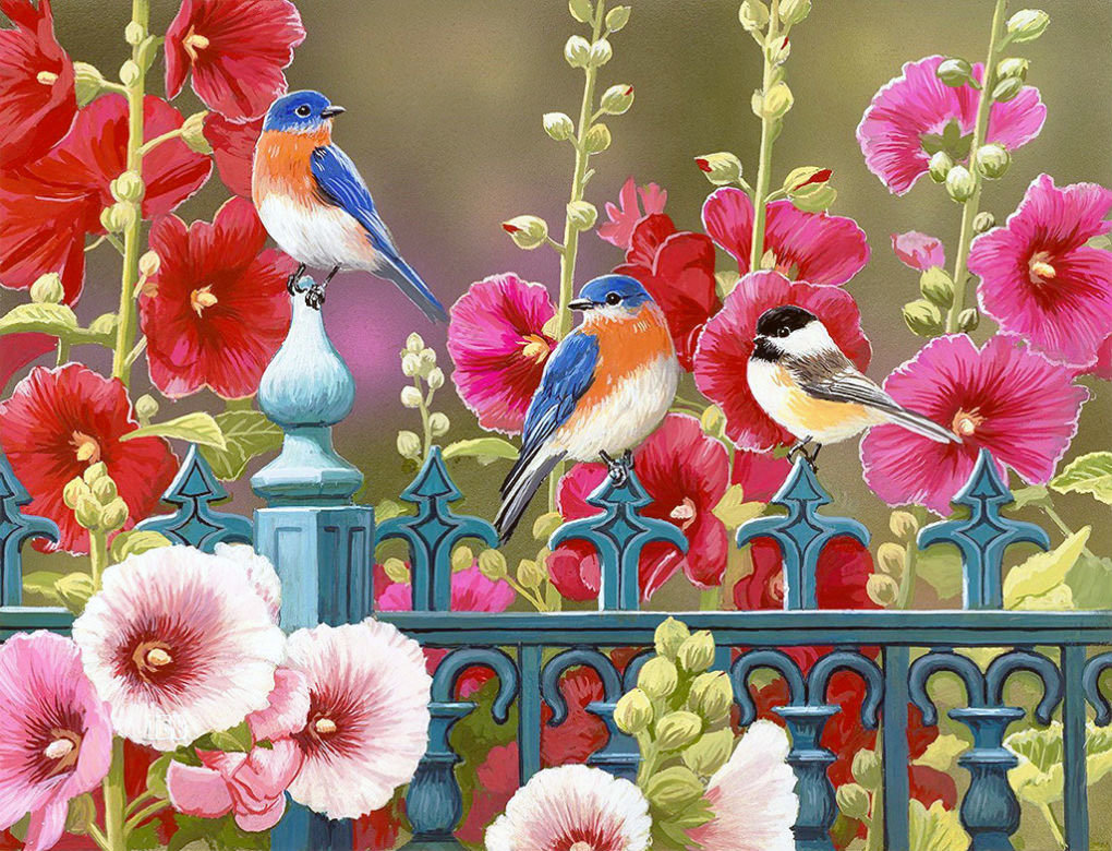 Птички в мальвах - мальвы, птички, лето, цветы - оригинал