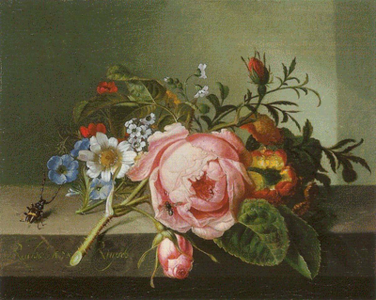 Роза на столе. Корнелис Ван Спаендорк - розы, цветы, букет, натюрморт, букашки - предпросмотр
