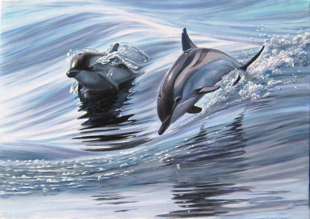 Худ. Самарская. Полет - дельфины, морской пейзаж - оригинал