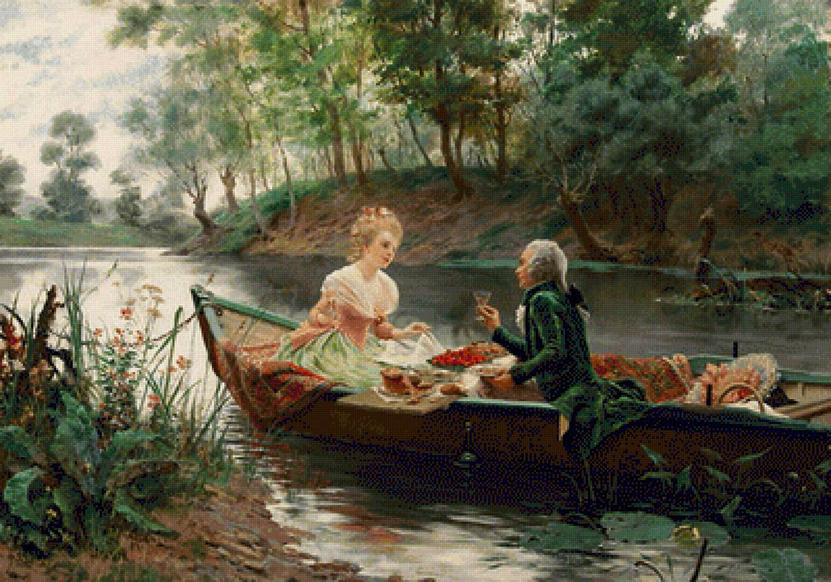 Пикник на реке - отдых, река, лодка, дамы, девушки, кавалер, пикник - предпросмотр