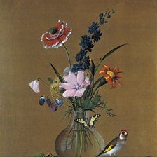 Схема вышивки «Букет цветов, бабочка и птичка. Фёдор Толстой»