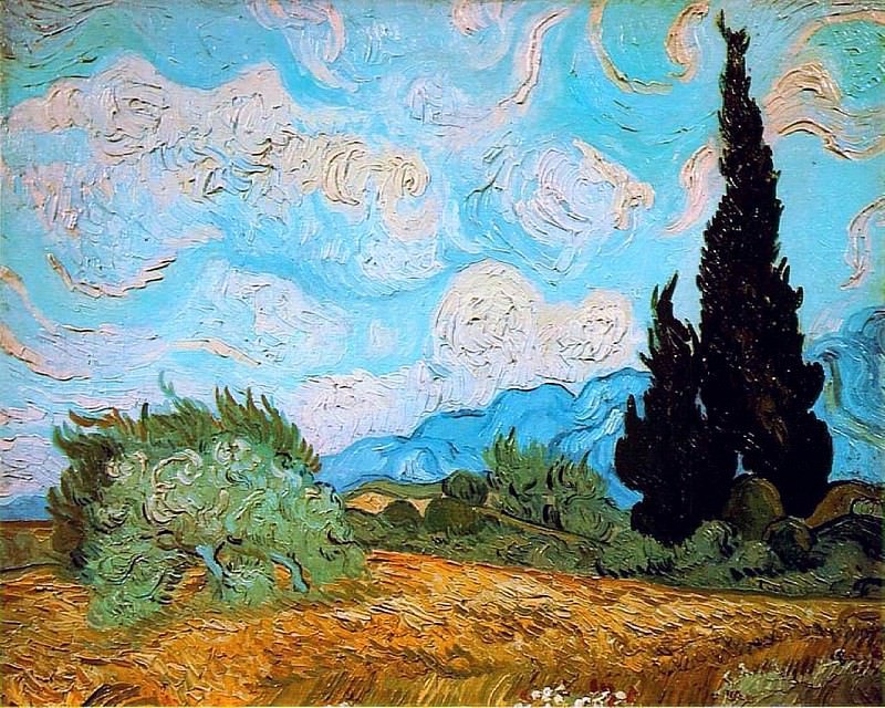Пшеничное поле с кипарисами Винсент Ван Гог - небо, винсент ван гог, поле, картина, ван гог - оригинал