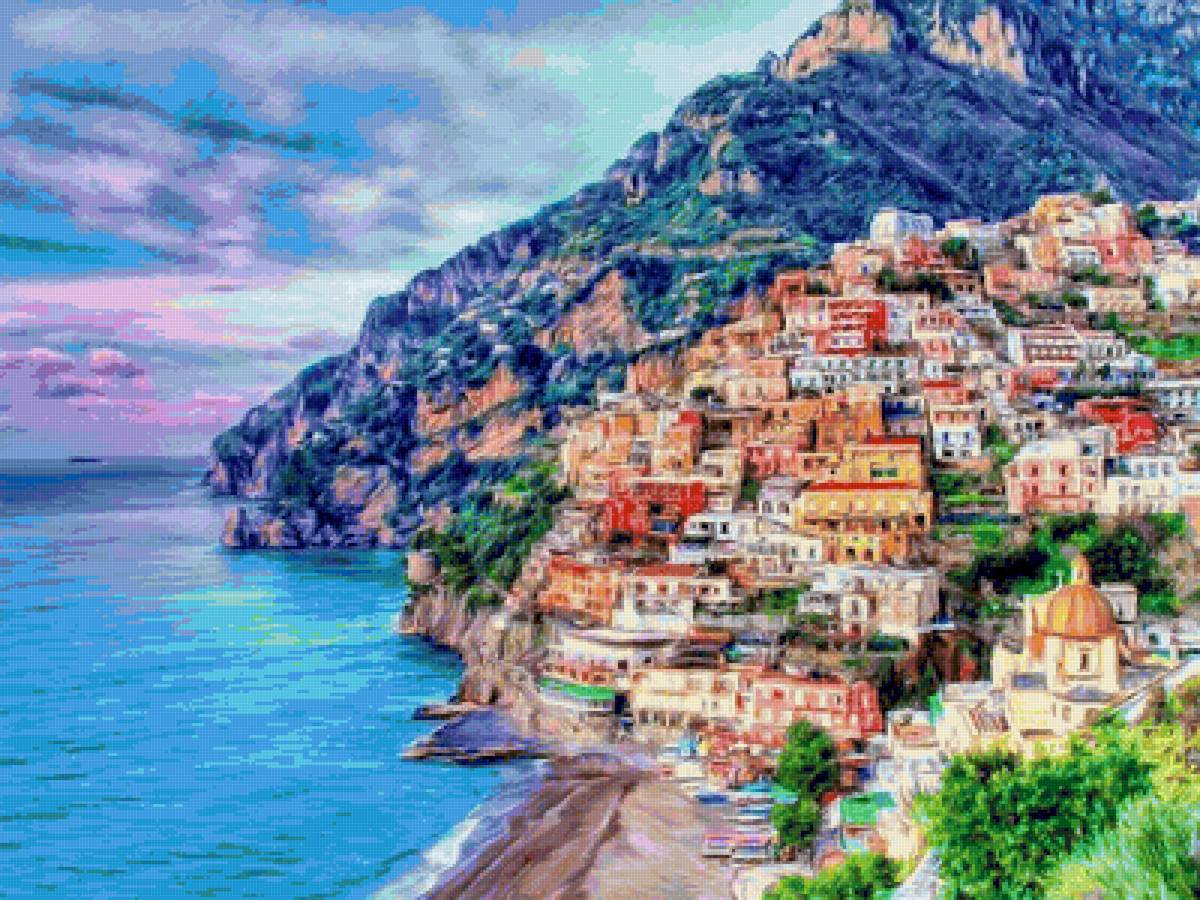 Amalfi Coast at Positano Art Print by Dominic Piperata - sea, white, seaside, blue - предпросмотр