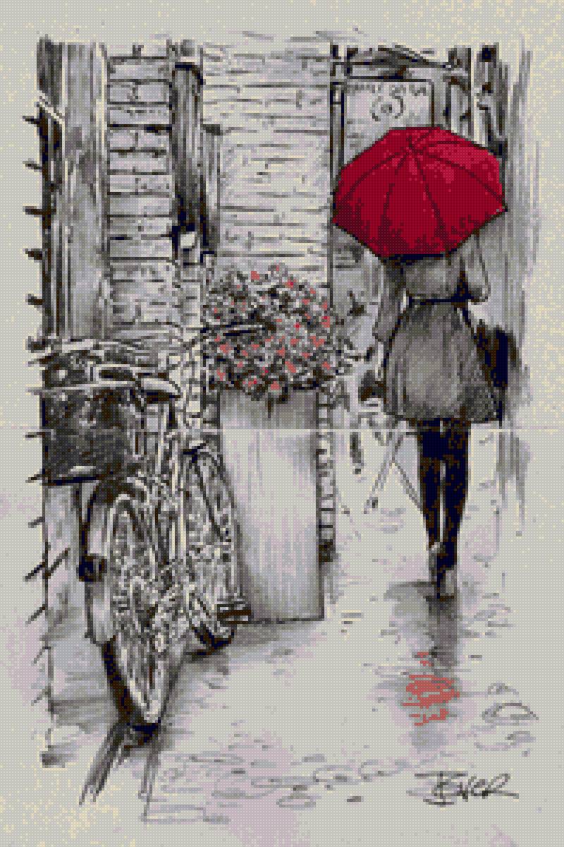Amsterdam Walk - walk, draw, umbrella, lonely, bicycle, red, pencil - предпросмотр