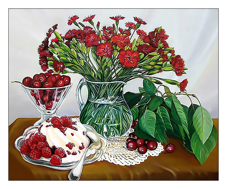 Натюрморт с ягодами. - ягоды, цветы, живопись, вишня, натюрморт, малина, букет - оригинал