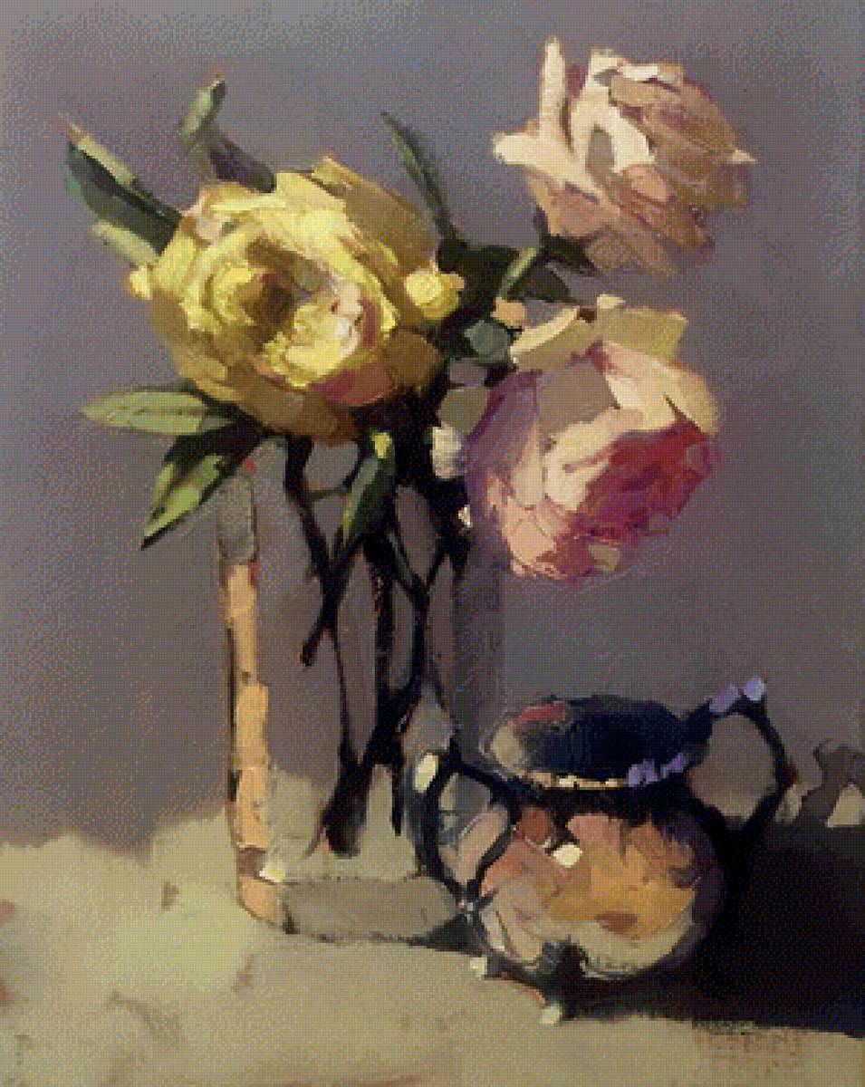 Цветы в вазе - розы, живопись, натюрморт, цветы, ваза - предпросмотр