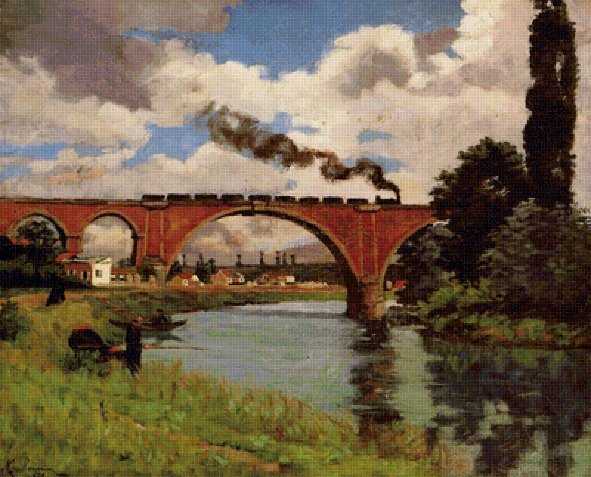 Пейзаж. Арман Гийомен - живопись, пейзаж, поезд, река, мост - предпросмотр