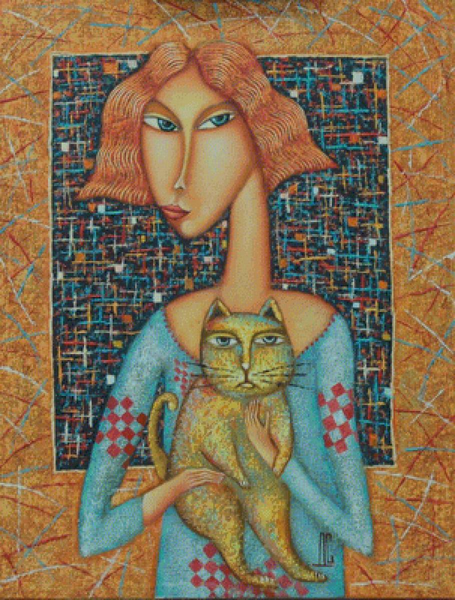 Портрет с кошкой. Дмитрий Сулимов - кошка, портрет, наив, девушка, живопись - предпросмотр